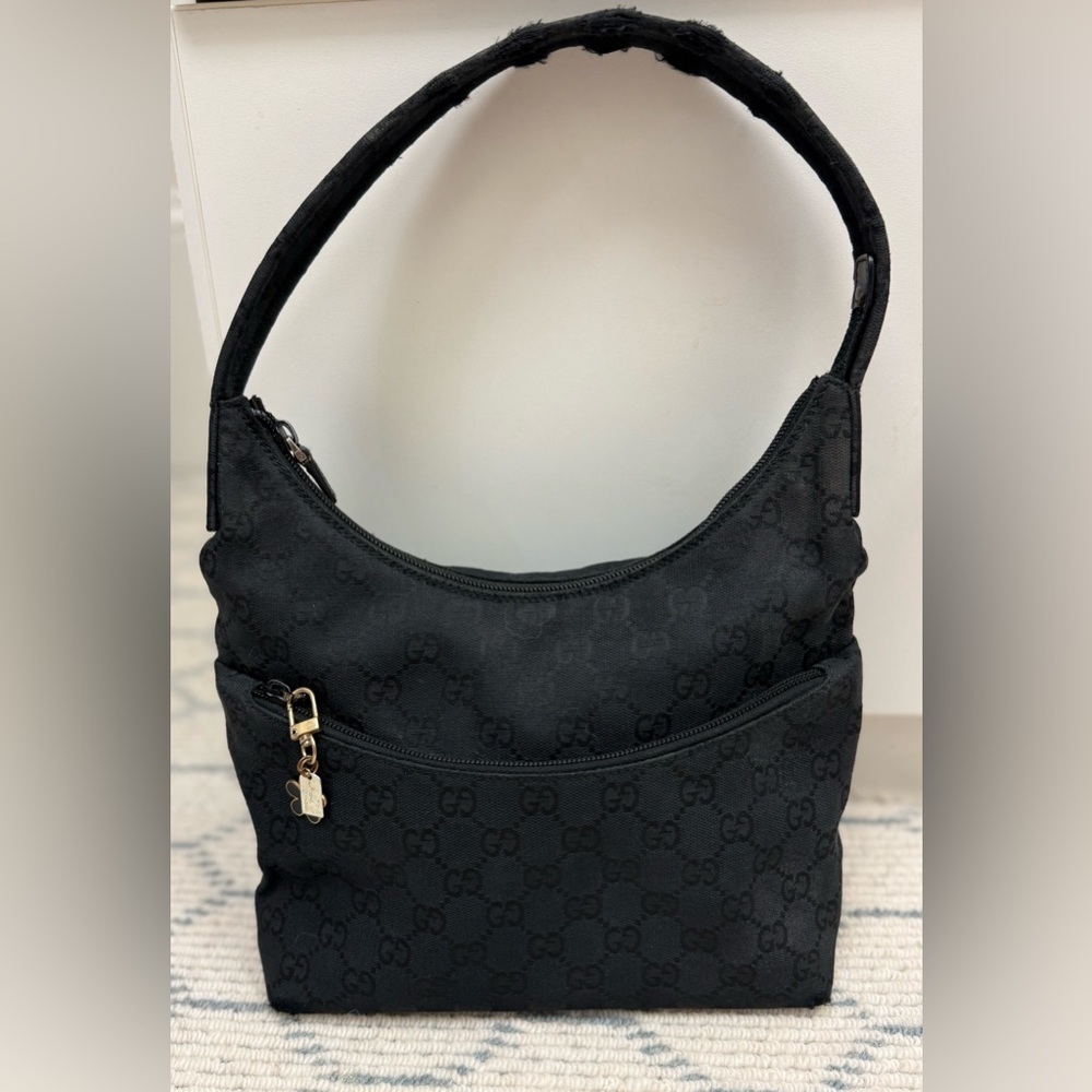 Gucci Vintage Y2k Classic Black Gg Monogram Canvas Leather Hobo Shoulder Bag